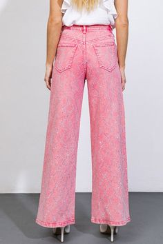 Fully embellished washed twill pant featuring front closure, side/back pockets & wide leg. 98% Cotton, 2% Spandex Pants Large, Twill Pants, Wide Leg, Spandex, Pants, Clothes, Trousers