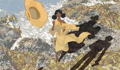 a woman in a yellow dress and hat is flying through the air with her arms outstretched