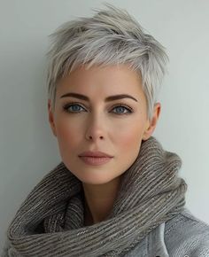 Short Hair At 50, Women’s Short Pixie Haircuts, Fauxhawk Pixie For Women, Short Gray Pixie Haircuts, What To Wear With Grey Hair, Bright Blonde Hair Short, Short Pixie Grey Hair, Pixie Cuts For Round Faces Plus Size, Pixie Cuts For Square Faces