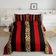 a leopard print comforter set with red and black stripes