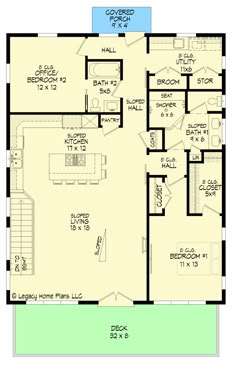 the first floor plan for a house with two bedroom and an attached garage area,