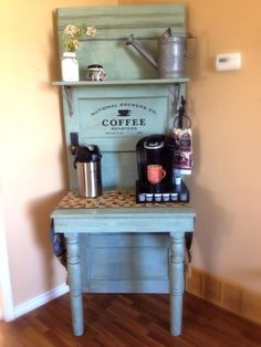 a small table with some coffee on it