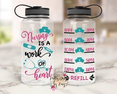 two water bottles sitting on top of a marble counter with the words nursing is a more of heart