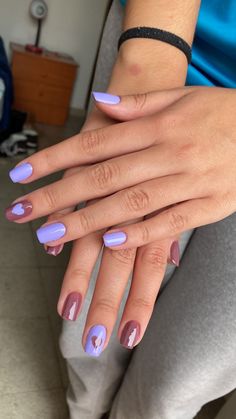 heart lilac and brown nails Brown And Purple Nails Acrylic, Purple And Brown Nails Designs, Lilac And Brown Nails, Purple Brown Nails, Brown And Purple Nails, Purple And Brown Nails, Short Nail Inspo, Light Purple Nails, Brown Nail Art