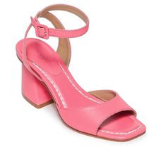 Add drama to your stride with the elevated block heel and square-toed stance of this fashion-forward sandal. From Bernardo. Spring T-strap Sandals With Block Heel And Buckle Closure, Pink Block Heel Sandals With 4-inch Heel, Pink Sandals With 4-inch Heel And Ankle Strap, Red Sandals With 4-inch Block Heel, Pink Ankle Strap Sandals With 4-inch Heel, Dress Sandals, Leather Dress, Block Heels Sandal, Block Heels