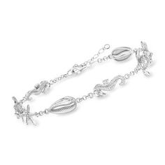 Ross-Simons - Sterling Silver Sea Life Anklet. 10". An RS exclusive. Here's the perfect beachy accessory. Crafted of textured and polished sterling silver, this anklet boasts shells, starfish, sea turtles and seahorses. Ideal for all of your summer soirees! Features a 1" extender. Lobster clasp, sterling silver sealife anklet. Silver Sea, Mediterranean Cruise, Summer Soiree, Seahorses, Sea Turtles, Sealife, Anklet Jewelry, Jewelry Silver, Summer Jewelry