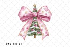 a christmas tree with pink bows and snowflakes on it, in front of a white background