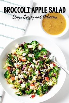 broccoli apple salad in a white bowl next to a small bowl of soup