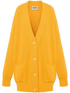 canary yellow chunky ribbed knit appliqué detail V-neck front button fastening drop shoulder long sleeves two front patch pockets ribbed trim straight hem Oversize Cardigan, Moschino Jeans, Cardigan Oversized, Oversized Jeans, City Dress, Canary Yellow, Ribbed Cardigan, Oversized Cardigan, V Neck Cardigan