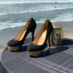 Charlotte Olympia “Dolly”, Black/Gold Suede Pump. Iconic, Unmistakable! Wear Or Display Proudly. Lightly Worn. Note, Ripple In Platform Of Right Shoe. Size 37 1/2. Love The Web! Charlotte Olympia Shoes, Charlotte Olympia, Suede Pumps, Olympia, Pumps, Women Shoes, Women Shopping, Gold, How To Wear