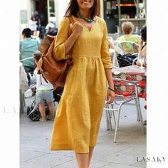 Lasaky - Loose Linen-Cotton Blend Casual Dress with Three-Quarter Sleeves and Side Zipper Sewing Pattern Shop, Mid Skirt, European Dress, Half Sleeve Dresses, Loose Outfit, Dress Sewing Pattern, Midi Dress With Sleeves, Daily Dress, Linen Dresses