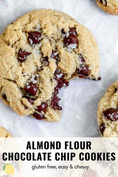 an image of almond flour chocolate chip cookies with the title text overlay reading almond flour chocolate chip cookies gluen free, easy & chewy