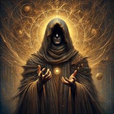 a painting of a hooded person with his hands in front of him and the light coming from them