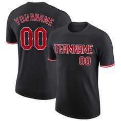 a black baseball jersey with the number 00 on it and red trimming around the chest