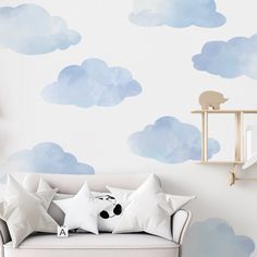 Large Blue Watercolor Cloud Wall Decals, Clouds Wall Stickers, Nursery Wall Decals-Wall Dressed Up Cloud Nursery Theme, Sky Nursery, Adhesive Fabric, Clouds Nursery