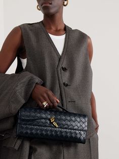 BOTTEGA VENETA Long Andiamo intrecciato leather clutch Bottega Veneta Bag Outfit, Bottega Clutch, Clutch Outfit, Bottega Bag, Bottega Veneta Clutch, Bottega Veneta Bag, Black Leather Top, Bottega Veneta Bags, Leather Clutch