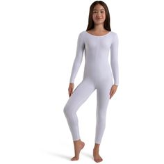 Say hello to our most versatile garment, the Long Sleeve Unitard. Made of a soft and breathable nylon and spandex blend, this unitard makes the perfect base layer for costumes, clothing, and outdoor activities. The long sleeves provide coverage and warmth. Whether you are a dancer, performer, or outdoor enthusiast, this garment is sure to meet your needs. Available in both adult and child sizes. Fitted Footless Solid Color Unitard, Fitted Footless Unitard, Dancewear Leotard With Thumbholes, High Stretch Unitard With Thumbholes For Winter, High Stretch Winter Unitard With Thumbholes, Micro-elastic Solid Color Unitard For Yoga, Full Length High Stretch Solid Unitard, High Stretch Full-length Solid Unitard, Solid Color High Stretch Full Length Unitard