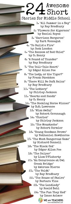 a stack of books sitting on top of each other with the words, 42 awesome short stories for middle school students