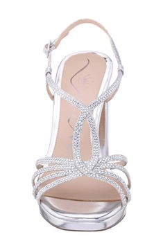 Rhinestone-encrusted straps add timeless glamour to an occasion-ready sandal lifted by a subtle platform and wrapped block heel. 3 1/2" heel; 1/2" platform Adjustable slingback strap with buckle closure Synthetic upper and lining/leather and synthetic sole Imported Elegant Slingback Sandals For Prom, Elegant Slingback Sandals With Platform And Open Heel, Elegant Platform Slingback Pumps For Evening, Sparkling Open Heel Sandals For Formal Occasions, Formal Sparkling Ankle Strap Sandals, Elegant High Heel Platform Slingback Sandals, Glamorous Open Toe Slingback Sandals For Wedding, Elegant Strappy Platform Sandals, Glamorous Wedding Slingback Sandals