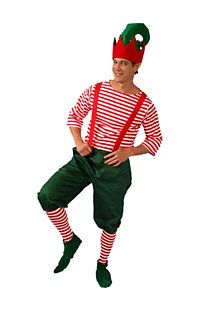 a man dressed as a christmas elf standing with his hands on his hips and legs crossed