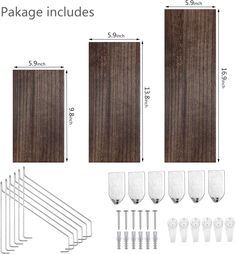 the package includes six wooden door handles, five white hooks and four wood planks