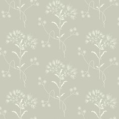 a gray and white floral wallpaper with small flowers on the left side of it