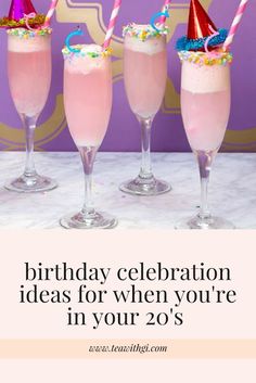 three glasses filled with pink liquid and topped with confetti, sprinkles and candy