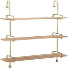 three wooden shelves with metal handles on each side and one shelf holding two different items