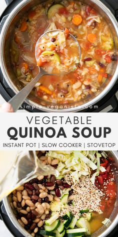 an image of vegetable quinoa soup in the crock pot with text overlay