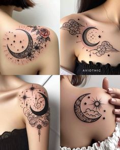 four pictures of the back of a woman's shoulder with stars and moon tattoos on it