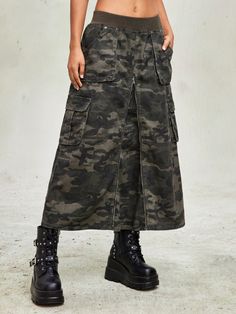 Camouflage Utility Punk Denim Mini Skirt Army Green Casual   Denim Camo,All Over Print A Line Non-Stretch  Women Clothing, size features are:Bust: ,Length: ,Sleeve Length: