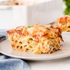 a white plate topped with lasagna casserole