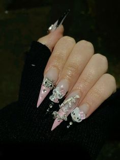 Black Pink Nails Acrylic, Hello Kitty Nails Stiletto, Black And Pink Hello Kitty Nails, Dark Hello Kitty Nails, Hello Kitty Stiletto Nails, Hello Kitty Nails Black, Black And Pink Nails Acrylic, Nails Acrylic Hello Kitty