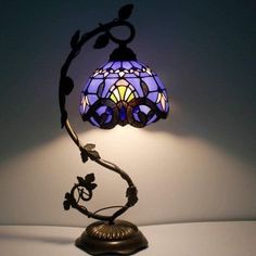 Fun Bedside Lamps, Bedroom Desk Lights, Stained Glass Lamps Vintage, Purple Tiffany Lamp, Tiffany Desk Lamp, Glass Stained Lamp, Stained Glass Desk Lamp, Desk Ideas Purple, Purple Whimsigothic Bedroom