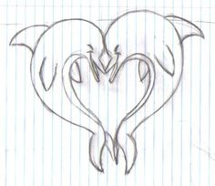 a drawing of a heart with two birds in the shape of a dragon's head