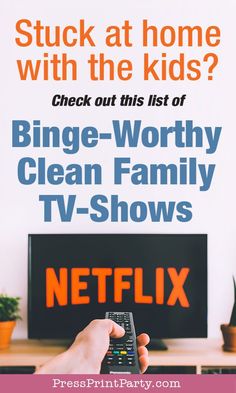 a hand holding a remote control in front of a tv with the words netflix on it