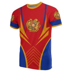 Armenia Coat Of Arms Up T Shirt Printed Short Sleeve T-shirt For Sports Events, Multicolor All Over Print T-shirt For Fans, Printed Crew Neck T-shirt For Sports Events, Red Crew Neck T-shirt With All Over Print, Red Graphic Print Jersey T-shirt, Classic Casual Style, Off Shoulder T Shirt, Style Crop Top, Staple Wardrobe Pieces