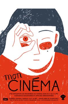 a movie poster with the words mon cinema written in red and black ink on it