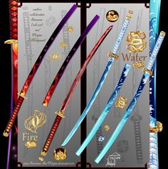 four different types of swords are shown in this graphic art work, with gold and blue accents