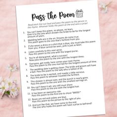 a poem that says pass the poem with flowers next to it on a pink background