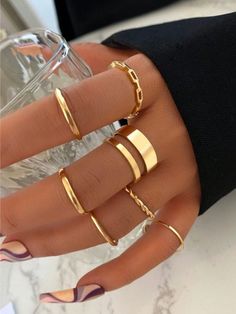 Gold,Silver  Collar  Copper Alloy   Embellished   Women Fashion Jewelry Gold Ring Sets Aesthetic, 2024 Jewelry Trend, Gold Chunky Jewelry, Gold Stacked Rings, Good Rings, Blue Hairpin, Orange Jewelry Set, Ombre Fashion