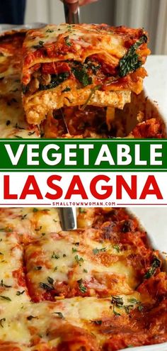 the lasagna has been cut into pieces and is being served with a knife