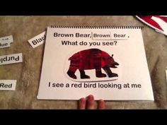 someone is holding up a book with an image of a brown bear and what do you see? i see a red bird looking at me