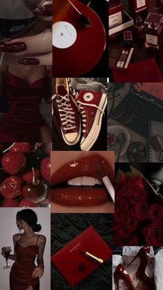 a collage of photos with red lipstick and shoes