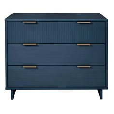 a blue chest of drawers with brass handles