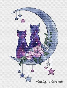 two cats sitting on the moon with stars and flowers in their paws cross stitch pattern