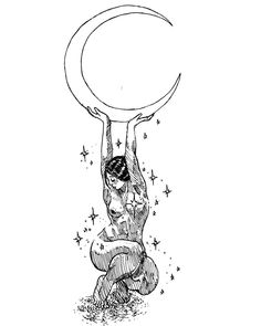 a drawing of a woman sitting on the ground holding up a moon above her head