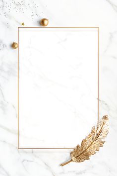 a white marble background with a gold frame and a golden feather on the left side