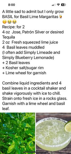 the recipe for basil lime margarita is shown