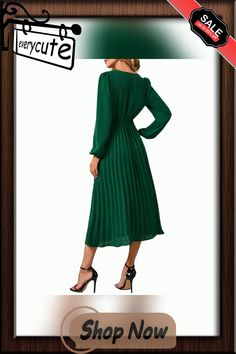 Green V Neck Pleated Long Sleeve Dress with Belt Green Non-stretch Pleated Dress, Fall Pleated Non-stretch Dress, Non-stretch Pleated Dress For Fall, Green Midi Dress For Fall, Non-stretch Pleated Midi Dress For Fall, Green Knee-length Pleated Dress For Spring, Non-stretch Green Dress For Workwear, Green Knee-length Maxi Dress For Fall, Belt Women